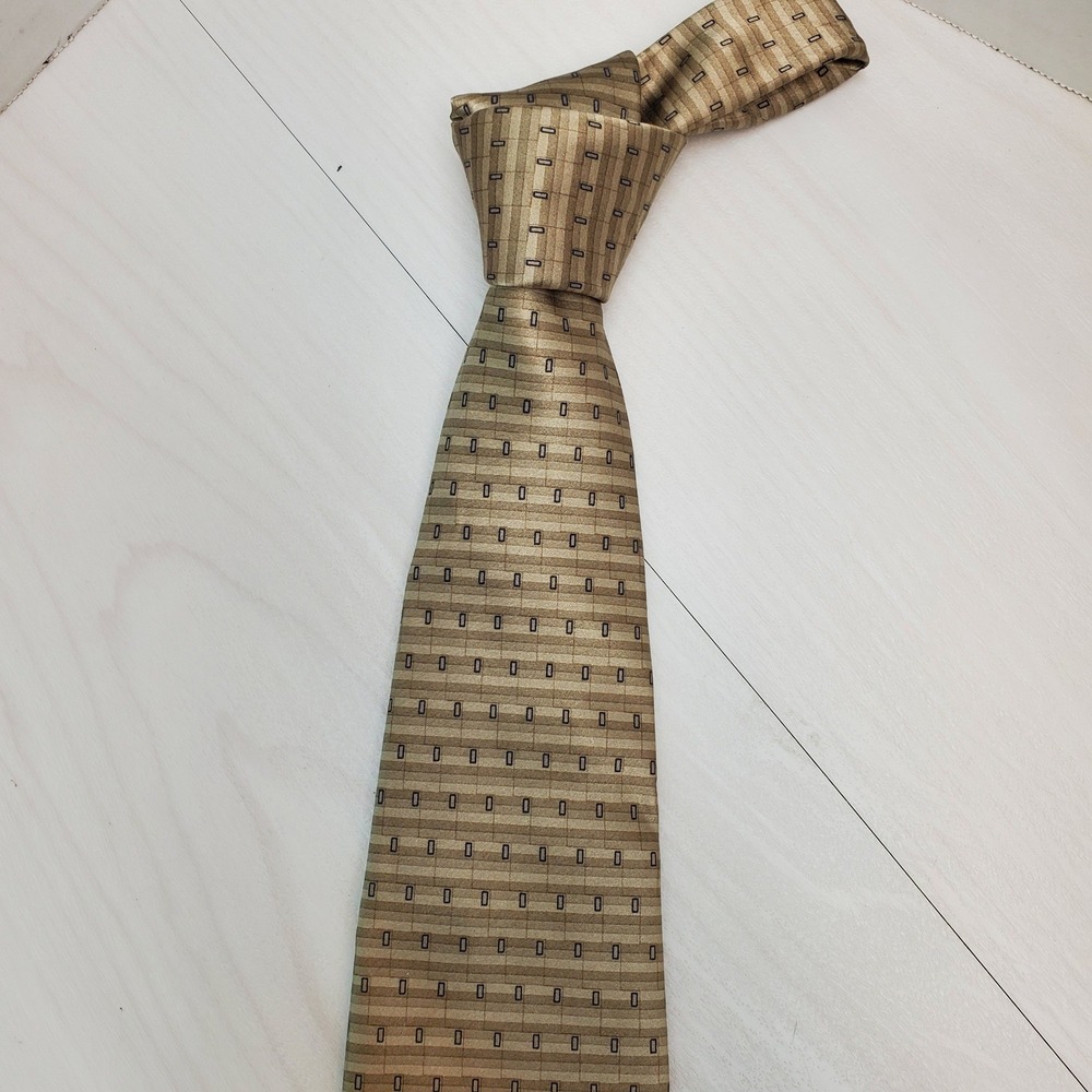 Gianfranco Ruffini Mens Silk Tie Tan Bronze Striped Geometric Made in USA Y2K